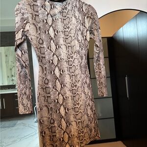 naked wardrobe Snake-Print Long Sleeve Dress in Brown and Cream